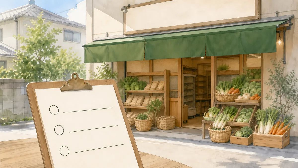 自然食品店と確認用のチェック表を描いたイラスト