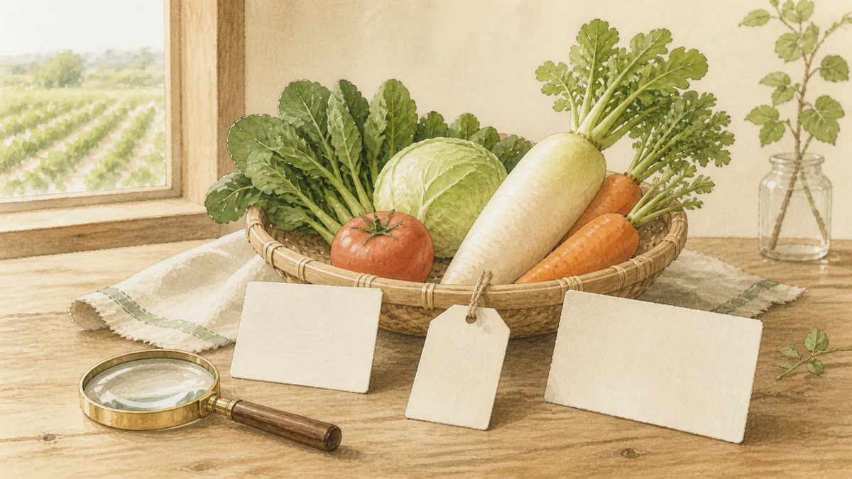 野菜のかごと複数の表示札を虫眼鏡で見比べるイラスト