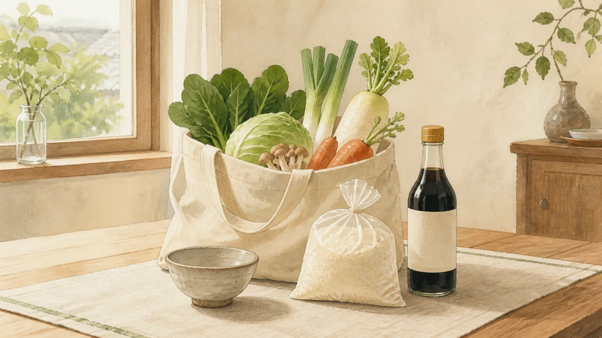 野菜、米、醤油をそろえた自然派入門のイラスト