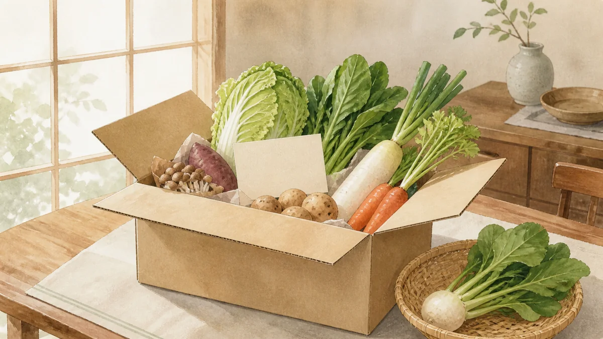 旬の野菜が入った産直の配送箱のイラスト