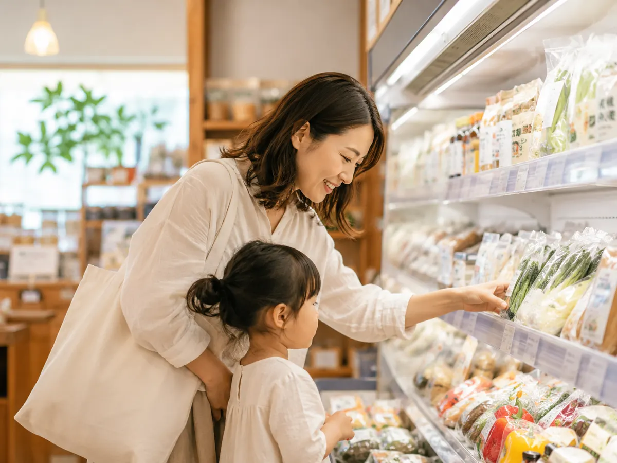 自然食品売り場で親子が商品を選ぶ様子