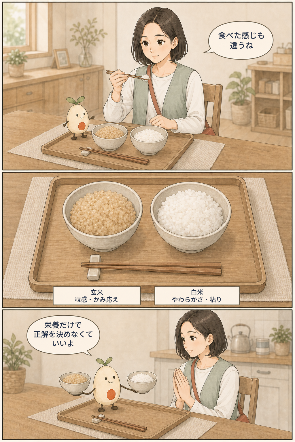 玄米の粒感とかみ応え、白米のやわらかさと粘りを食べ比べ、栄養だけで正解を決めないと確認する漫画