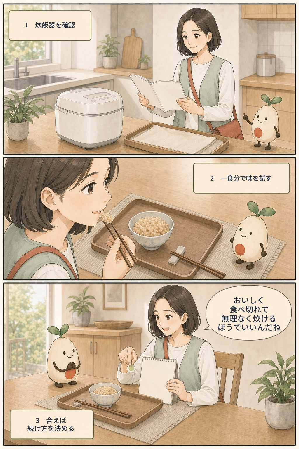 炊飯器を確認し、一食分で味を試し、合えば続け方を決める3ステップを振り返る漫画