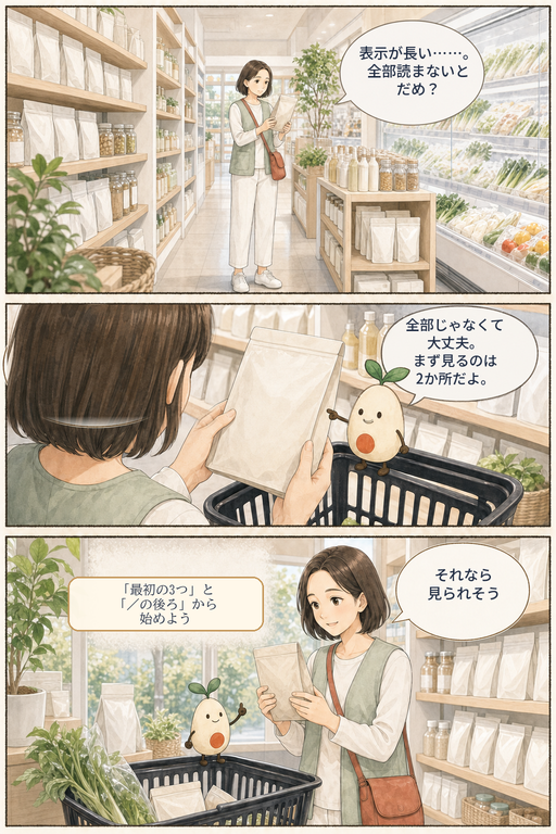 原材料表示の長さに迷うさくらへ、めぐるが見る場所を案内する漫画の表紙