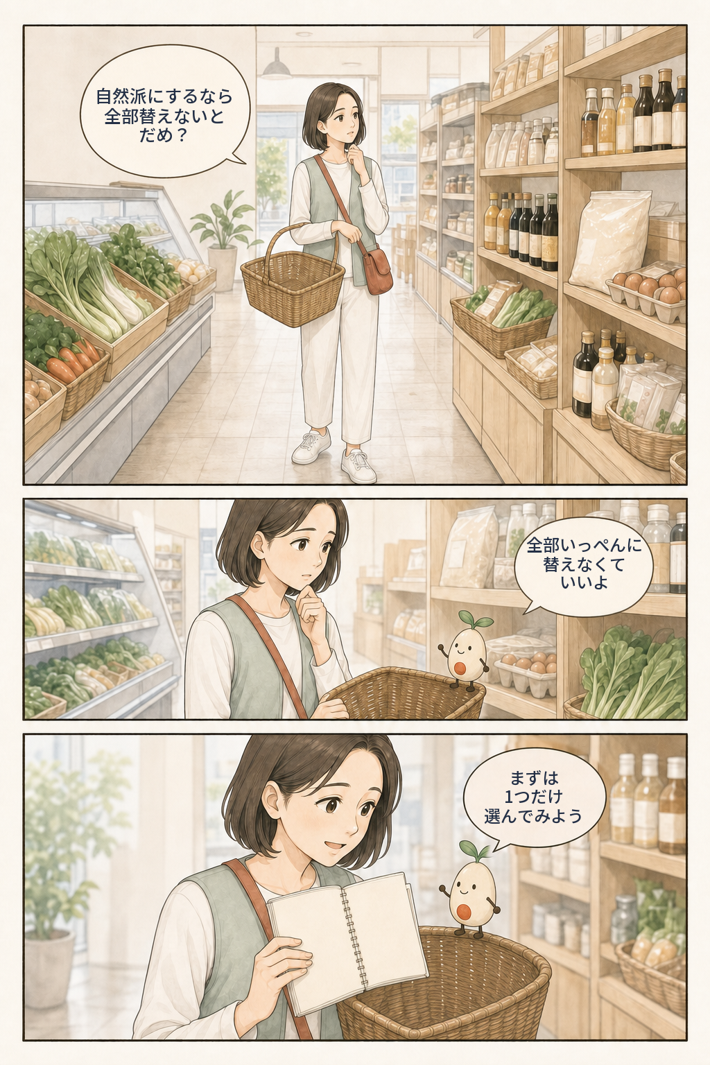 自然派の食品を全部替える必要があるか迷うさくらへ、めぐるがまず1つだけ選ぼうと提案する漫画