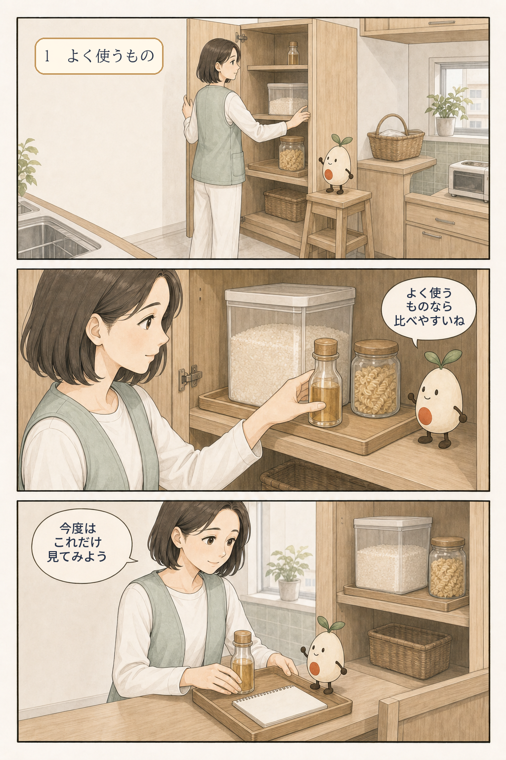 自宅の食品棚から普段よく使うものを1つ選び、次の買い物で比べると決める漫画