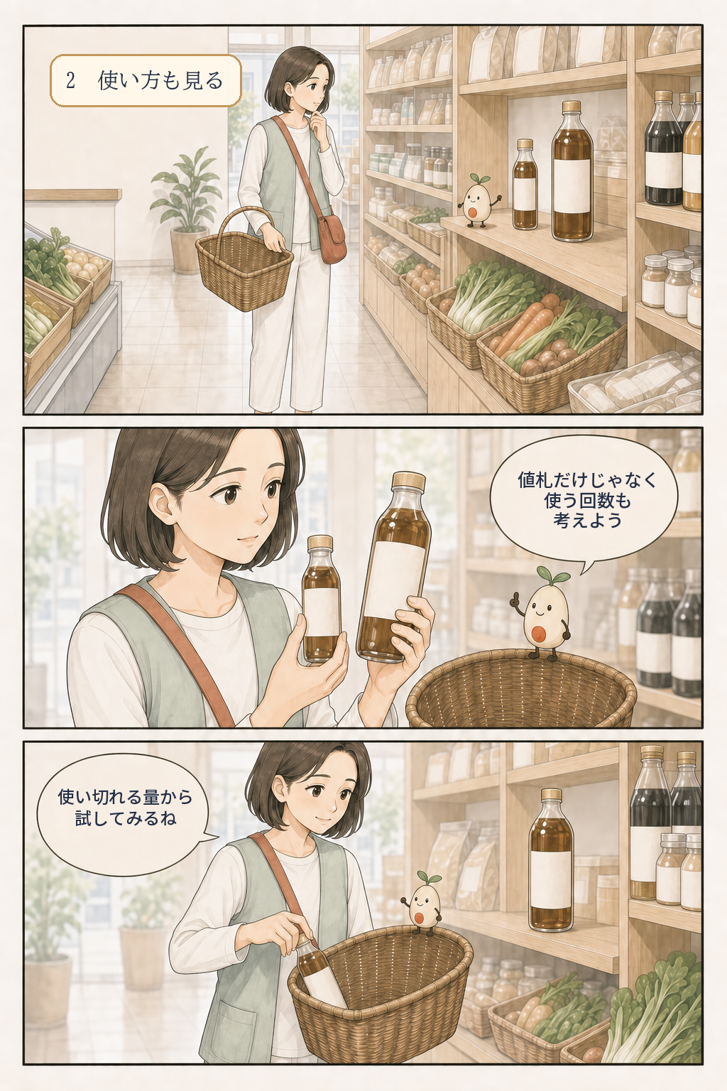 店頭で値札だけでなく使う回数も考え、使い切れそうな量の商品を選ぶ漫画