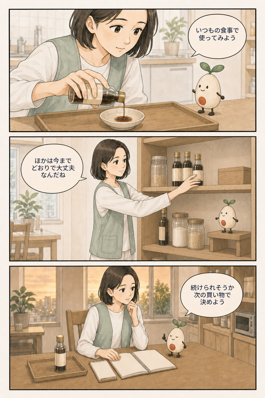 選んだ1品を普段の食事で使い、ほかの食品は今までどおりにして続けられそうか考える漫画
