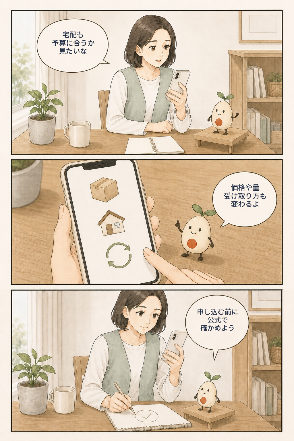 宅配の価格、量、受け取り方は変わるため、申し込む前に公式サイトで確認する漫画