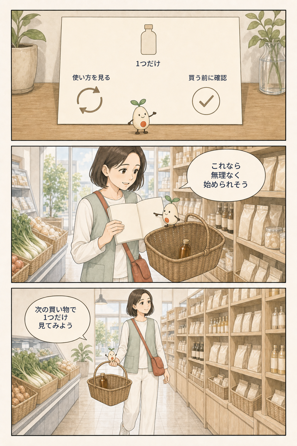 1つだけ選ぶ、使い方を見る、買う前に確認するの3点を振り返り、次の買い物で1つだけ見る漫画