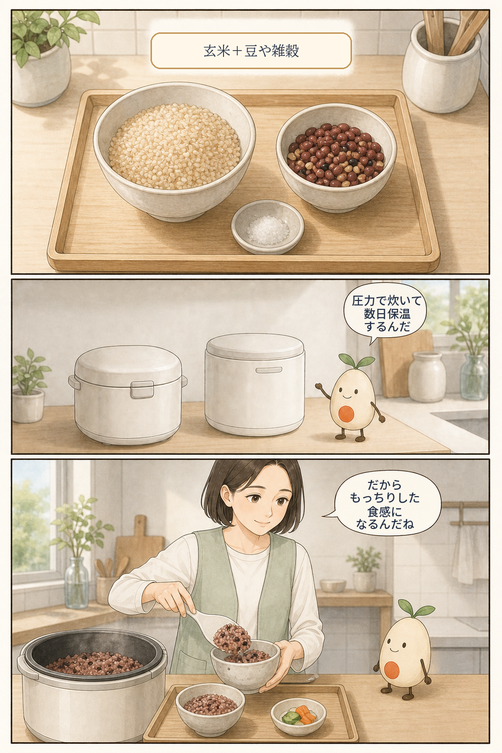 玄米を豆や雑穀と炊いて数日保温し、もちもちした食感にする流れを紹介する漫画