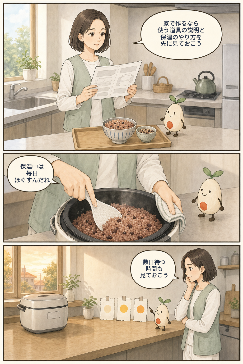 家で寝かせ玄米を作るときに、道具の説明や毎日のほぐし、待つ時間を確認する漫画