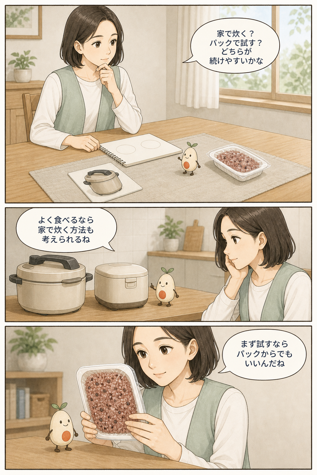 家で炊く方法とごはんパックで試す方法を、食べる頻度や続けやすさで比べる漫画