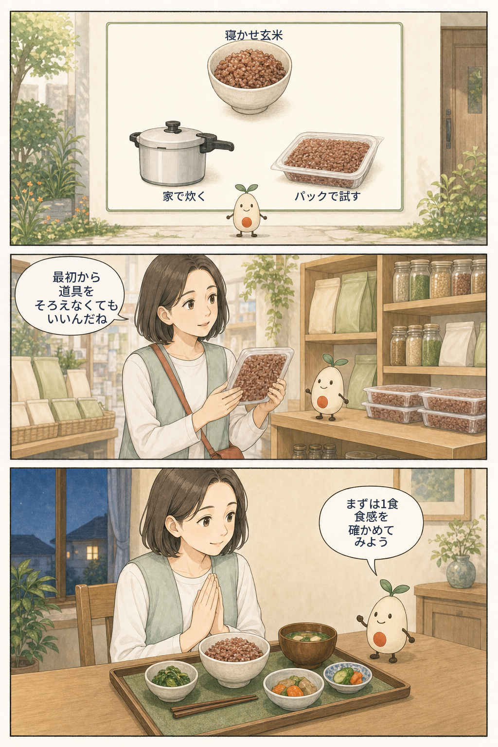 寝かせ玄米は最初から道具をそろえず、まず1食で食感を確かめられるとまとめる漫画