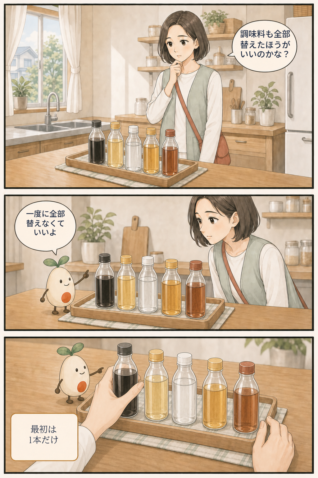 調味料を全部替えるか迷うさくらに、めぐるが一度に全部替えず最初は1本だけでよいと伝える漫画