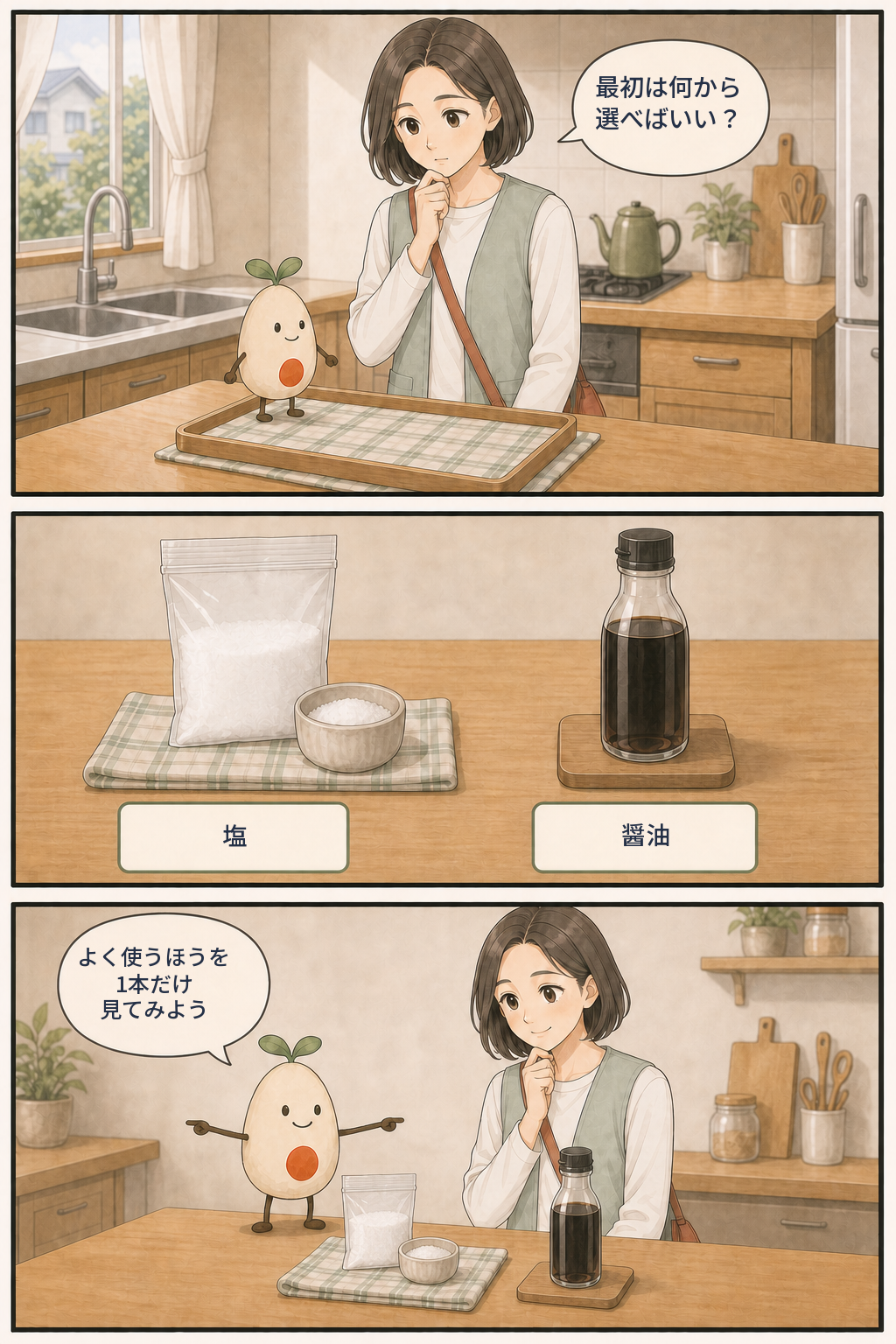 最初に選ぶ調味料を塩か醤油に絞り、よく使うほうを1本だけ見ると確認する漫画