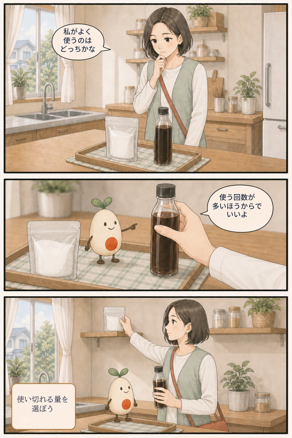 さくらが普段よく使う醤油を選び、使う回数が多く使い切れる量から試す漫画