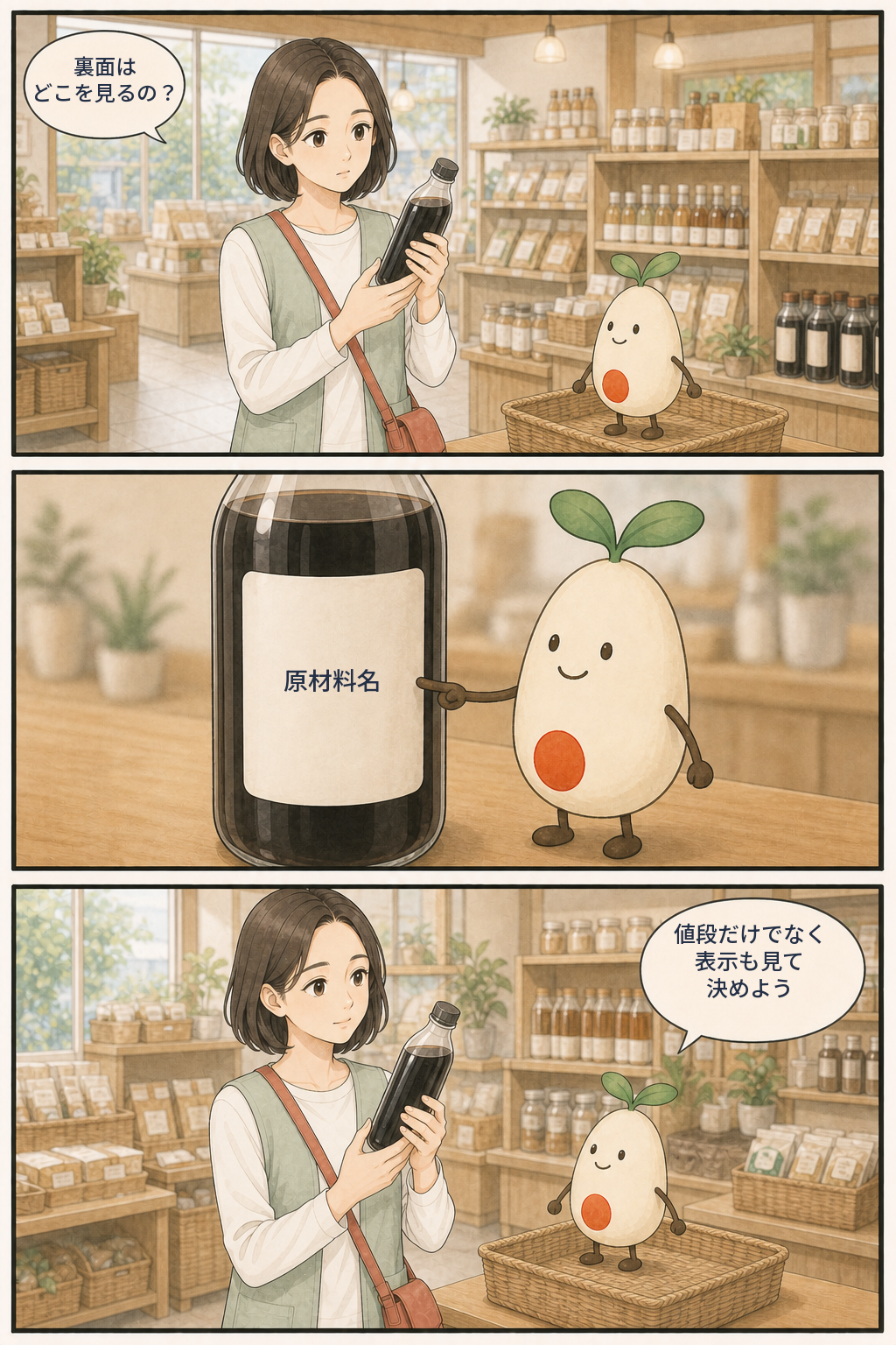 自然食品店で醤油瓶の裏面を見て、値段だけでなく原材料名も確認する漫画