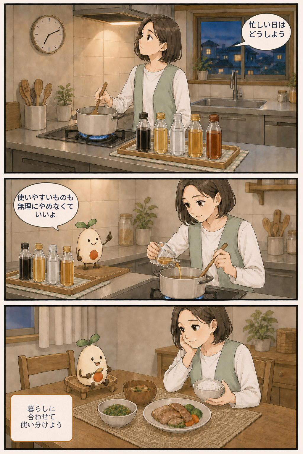 バッグを外したさくらが計量カップで調味料を量って料理し、忙しい日は使いやすいものと使い分ける漫画