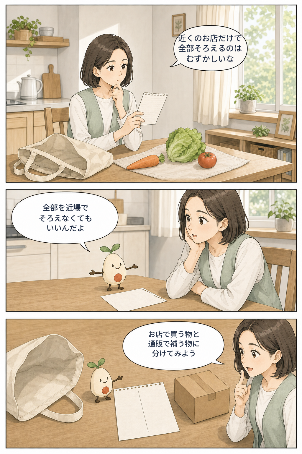 近くのお店だけですべてをそろえるのが難しいと悩むさくらへ、めぐるが店舗と通販に分ける方法を提案する漫画