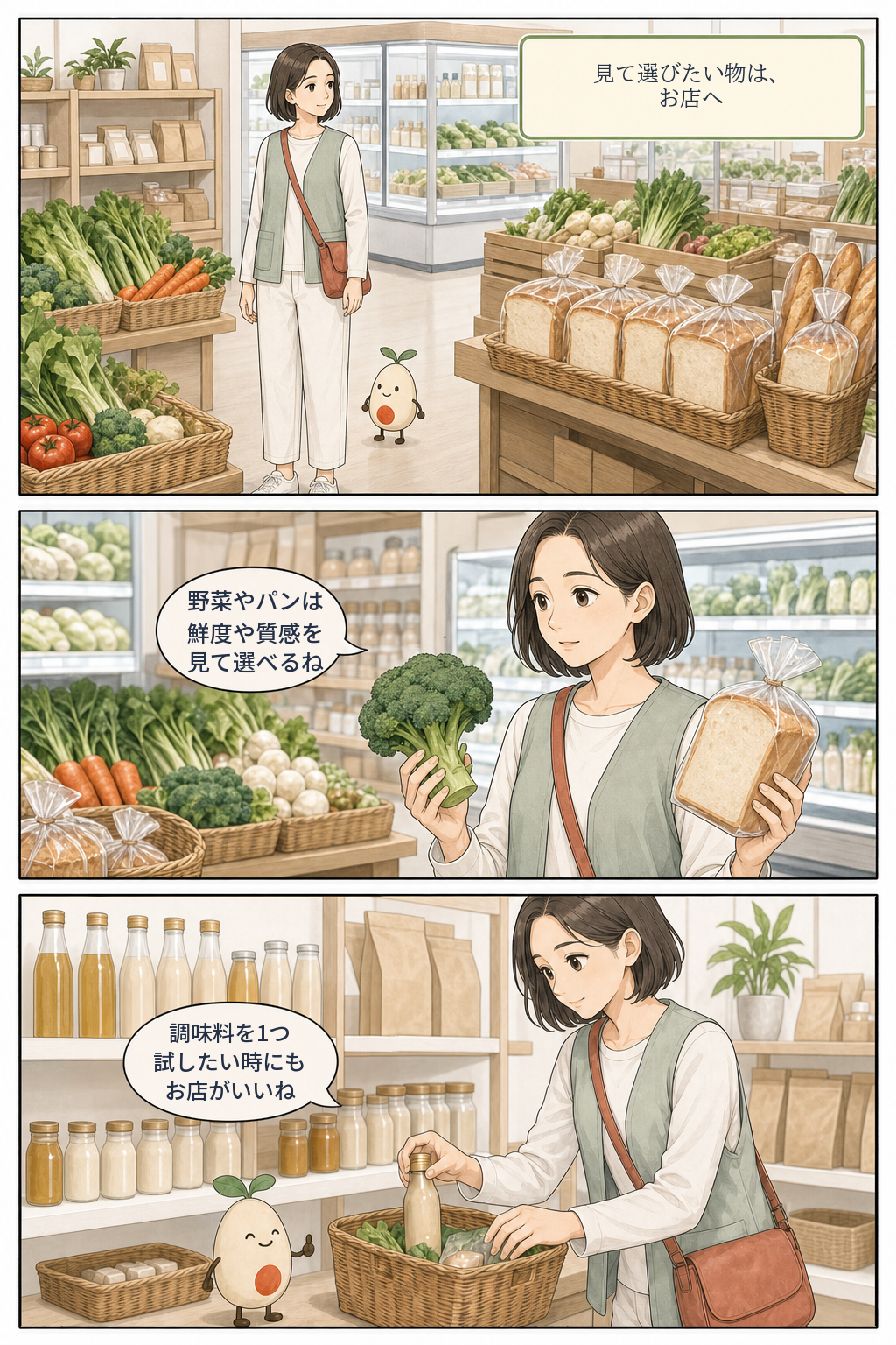 自然食品店で野菜やパンの鮮度と質感を見て選び、調味料を一つ試すさくらの漫画