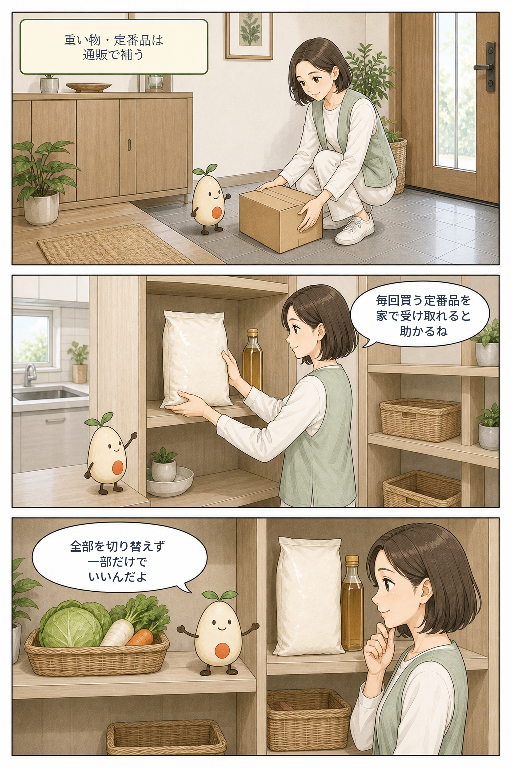 重い物や毎回買う定番品を通販で受け取り、すべてを切り替えず一部だけ補う方法を知る漫画