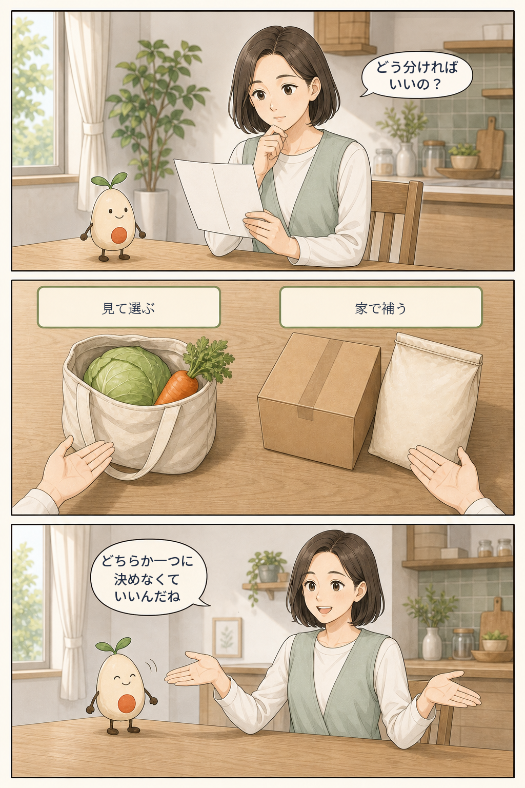 買い物を店舗で見て選ぶ物と通販で家に補う物に分け、どちらか一方に決めなくてよいと分かる漫画