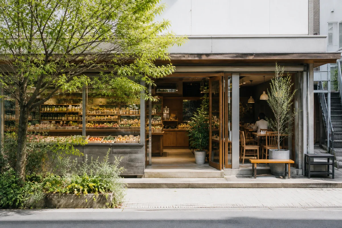 自然食品店の雰囲気を表したAI生成イメージ（自然食品・雑貨＆カフェの店 フクラの実写ではありません）