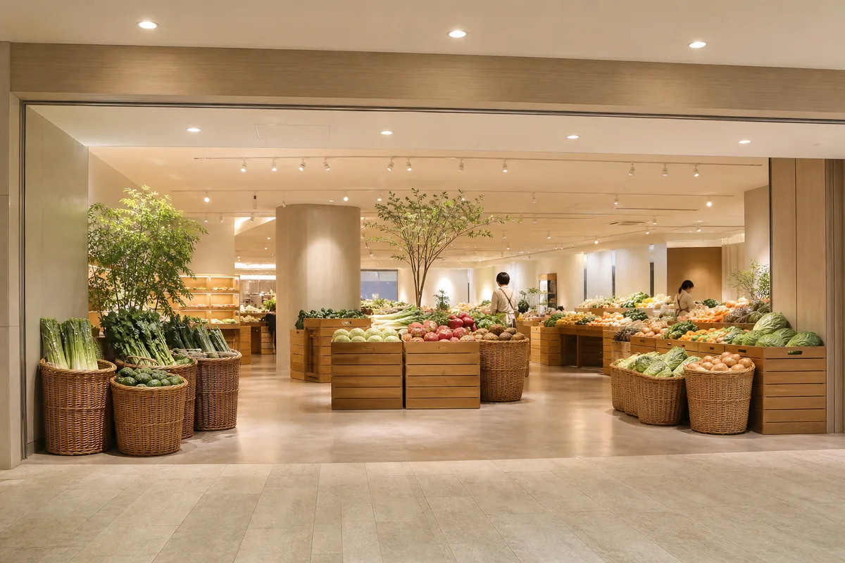 スーパーの雰囲気を表したAI生成イメージ（ビオラル なんばマルイ店の実写ではありません）